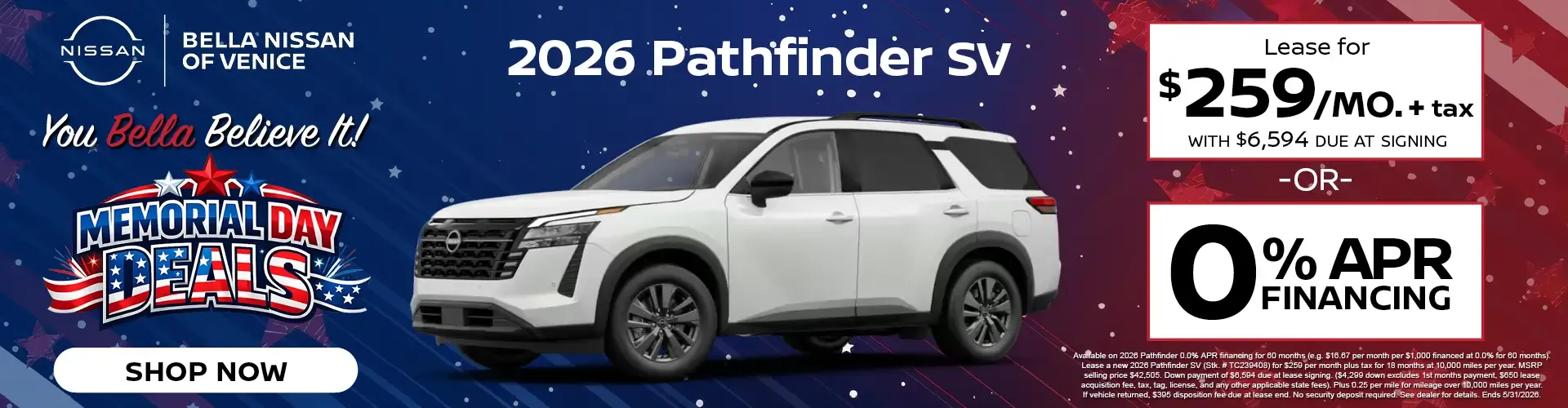 2026 Nissan Pathfinder SV lease for 259 dollars monthly or zero percent financing at Bella Nissan of Union City